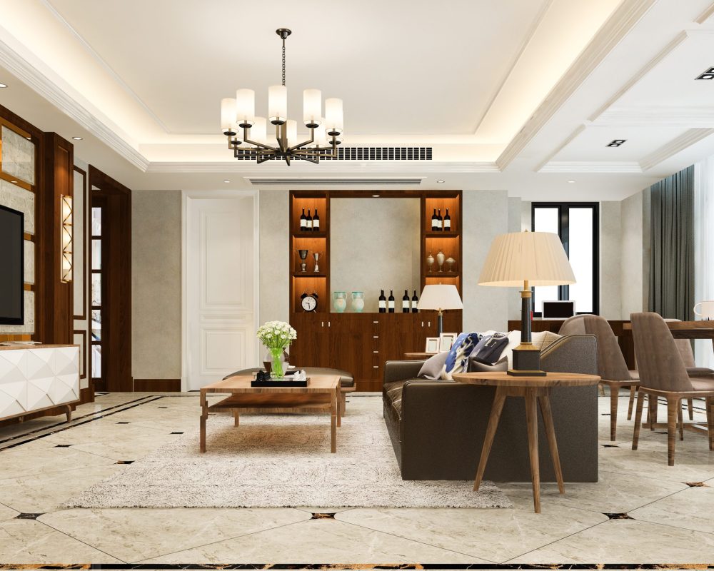 3d rendering contemporary modern dining room and living room with luxury decor