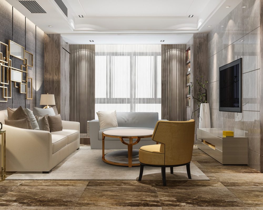 3d rendering luxury and modern living room with fabric sofa